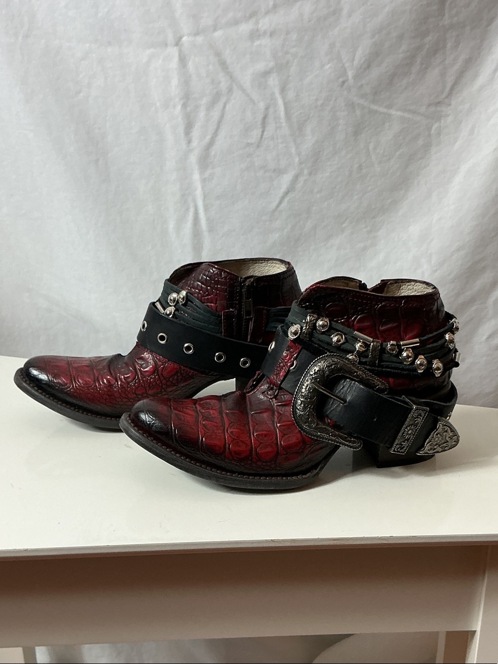 freebird Red Croc-Embossed Ankle Booties with Studded Buckle Straps